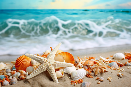 Summer concept with sandy beach, shells and starfish.の素材