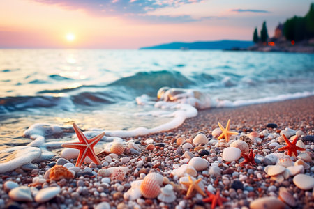 Summer concept with sandy beach, shells and starfish.の素材