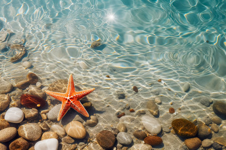 Summer concept with sandy beach, shells and starfish.の素材