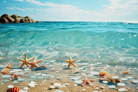 Summer concept with sandy beach, shells and starfish.の素材
