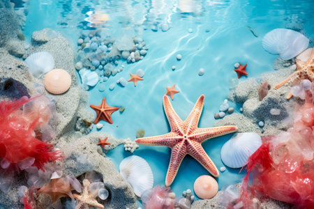 Summer concept with sandy beach, shells and starfish.の素材