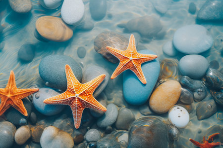 Summer concept with sandy beach, shells and starfish.の素材