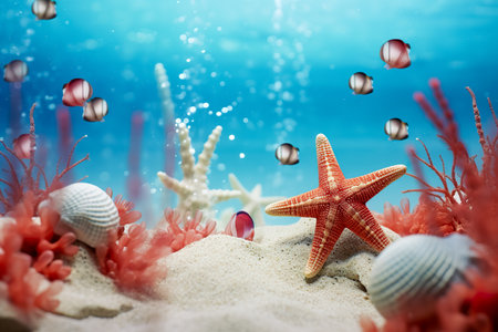 Summer concept with sandy beach, shells and starfish.の素材