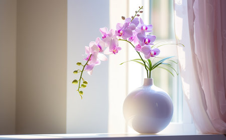 Beautiful orchid flowers in white vase.