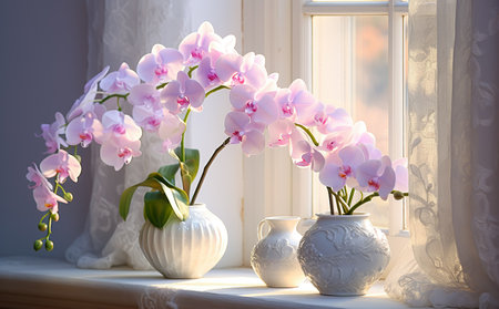Beautiful orchid flowers in white vase.の素材
