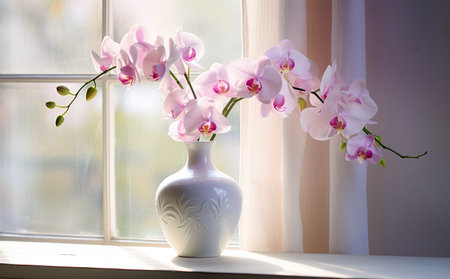 Beautiful orchid flowers in white vase.の素材