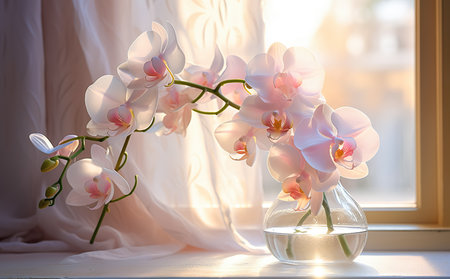 Beautiful orchid flowers in white vase.の素材