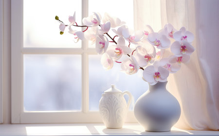 Beautiful orchid flowers in white vase.の素材