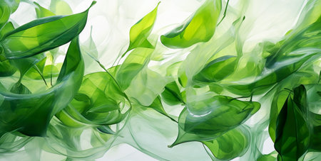 Green leaves on white background as botanical frame flatlay, eco design and spring nature flat lay conceptの素材