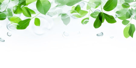 Green leaves on white background as botanical frame flatlay, eco design and spring nature flat lay conceptの素材