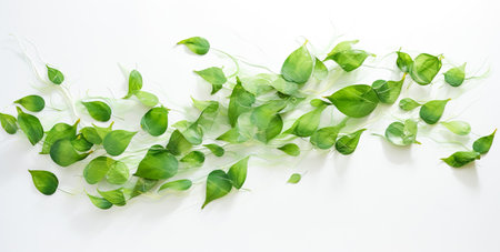 Green leaves on white background as botanical frame flatlay, eco design and spring nature flat lay conceptの素材
