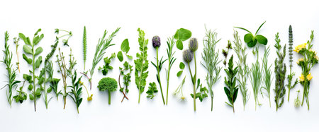 Green leaves on white background as botanical frame flatlay, eco design and spring nature flat lay conceptの素材