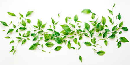 Green leaves on white background as botanical frame flatlay, eco design and spring nature flat lay conceptの素材