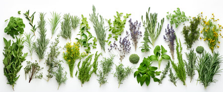 Green leaves on white background as botanical frame flatlay, eco design and spring nature flat lay conceptの素材