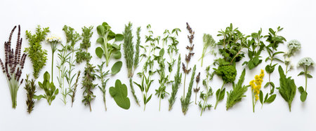 Green leaves on white background as botanical frame flatlay, eco design and spring nature flat lay conceptの素材