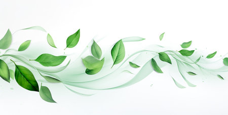 Green leaves on white background as botanical frame flatlay, eco design and spring nature flat lay conceptの素材