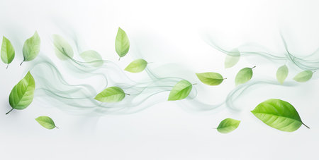 Green leaves on white background as botanical frame flatlay, eco design and spring nature flat lay conceptの素材