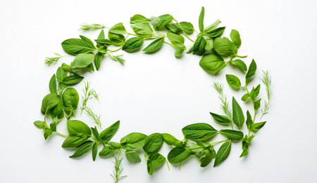 Green leaves on white background as botanical frame flatlay, eco design and spring nature flat lay conceptの素材
