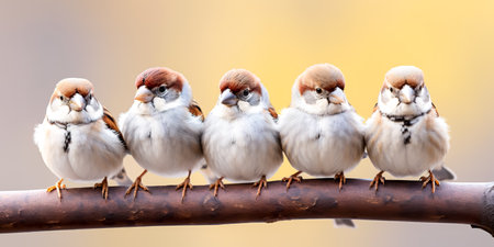 A lot of small funny birds sparrows sitting on a branch on the panoramic pictureの素材