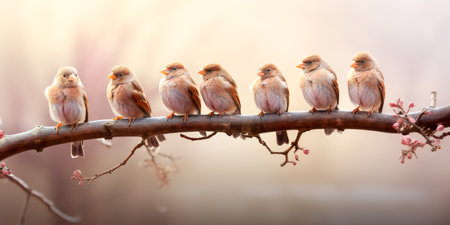 A lot of small funny birds sparrows sitting on a branch on the panoramic pictureの素材