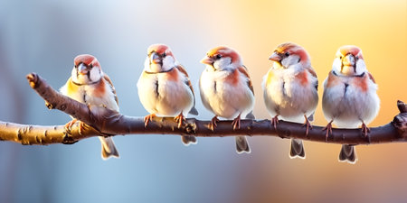 A lot of small funny birds sparrows sitting on a branch on the panoramic pictureの素材