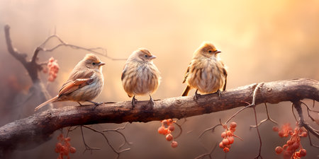 A lot of small funny birds sparrows sitting on a branch on the panoramic pictureの素材
