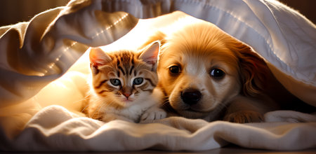 Cat and dog sleeping together. Kitten and puppy taking nap. Home pets. Animal care. Love and friendshipの素材