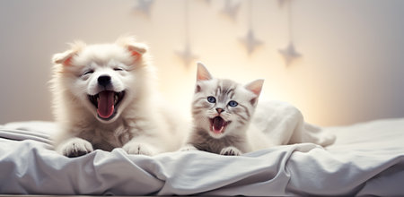 Cat and dog sleeping together. Kitten and puppy taking nap. Home pets. Animal care. Love and friendshipの素材