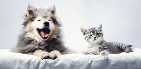 Cat and dog sleeping together. Kitten and puppy taking nap. Home pets. Animal care. Love and friendshipの素材