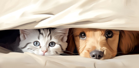 Cat and dog sleeping together. Kitten and puppy taking nap. Home pets. Animal care. Love and friendshipの素材