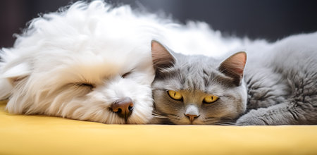 Cat and dog sleeping together. Kitten and puppy taking nap. Home pets. Animal care. Love and friendshipの素材