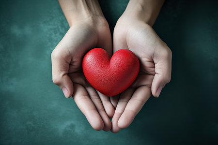hands holding red heart, health care, love, organ donation, mindfulness, wellbeing, family insurance and CSR conceptの素材