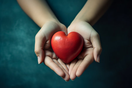 hands holding red heart, health care, love, organ donation, mindfulness, wellbeing, family insurance and CSR conceptの素材