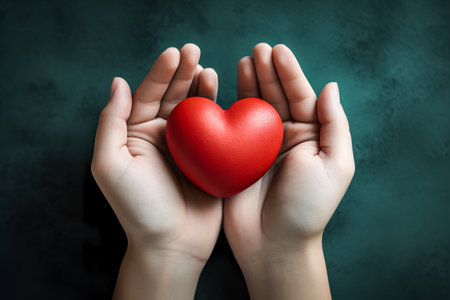 hands holding red heart, health care, love, organ donation, mindfulness, wellbeing, family insurance and CSR conceptの素材