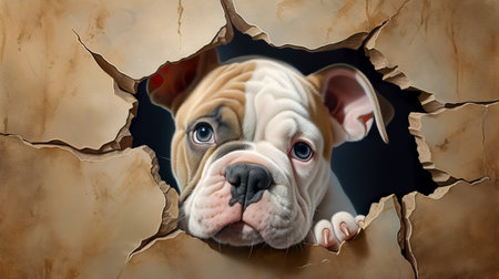 Cute dog sticking out of a hole in the wallの素材