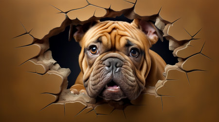 Cute dog sticking out of a hole in the wallの素材