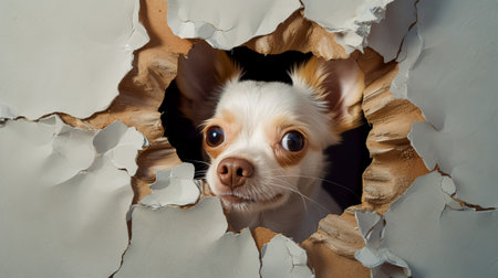 Cute dog sticking out of a hole in the wallの素材