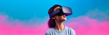 Beautiful woman with glasses of virtual reality. Augmented reality, science, future technology, robots and people concept. VR.の素材
