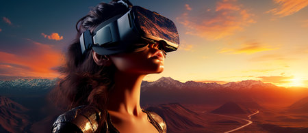 Beautiful woman with glasses of virtual reality. Augmented reality, science, future technology, robots and people concept. VR.の素材