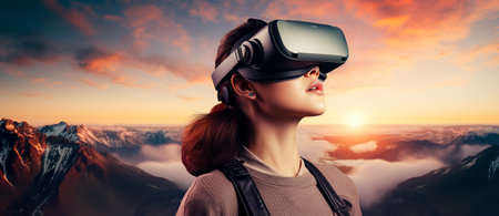 Beautiful woman with glasses of virtual reality. Augmented reality, science, future technology, robots and people concept. VR.の素材