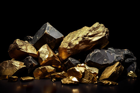 Golden nuggets on dark background. pure gold ore found in the mineの素材