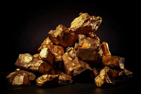 Golden nuggets on dark background. pure gold ore found in the mineの素材