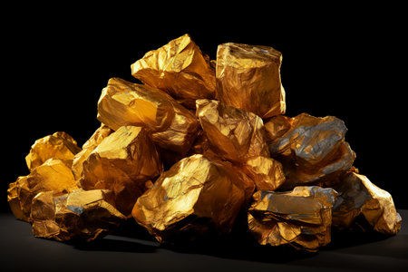 Golden nuggets on dark background. pure gold ore found in the mineの素材