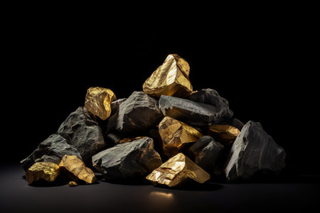 Golden nuggets on dark background. pure gold ore found in the mineの素材