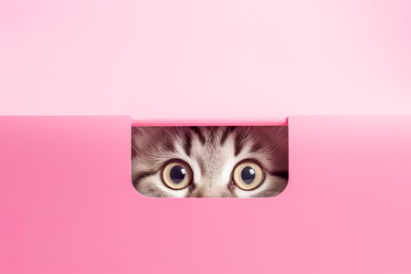 Kitten head with paws up peeking over blank sign placard. Pet kitten curiously peeking behind background.の素材
