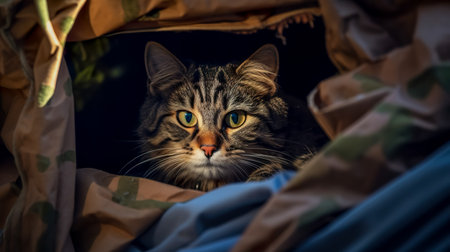 Kitten head with paws up peeking over blank sign placard. Pet kitten curiously peeking behind background.の素材