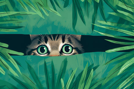 Kitten head with paws up peeking over blank sign placard. Pet kitten curiously peeking behind background.の素材