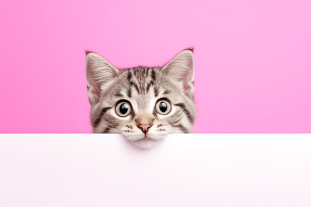 Kitten head with paws up peeking over blank sign placard. Pet kitten curiously peeking behind background.の素材