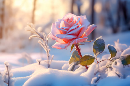 Red rose covered with snow. Flower bud close-up at the beginning of winterの素材