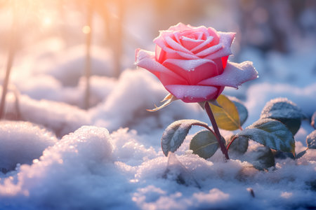 Red rose covered with snow. Flower bud close-up at the beginning of winterの素材
